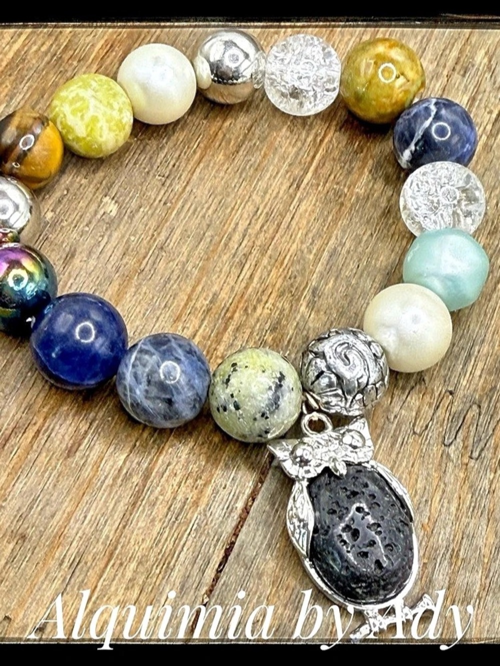 Beaded Owl Pendant Bracelet Blue & Black